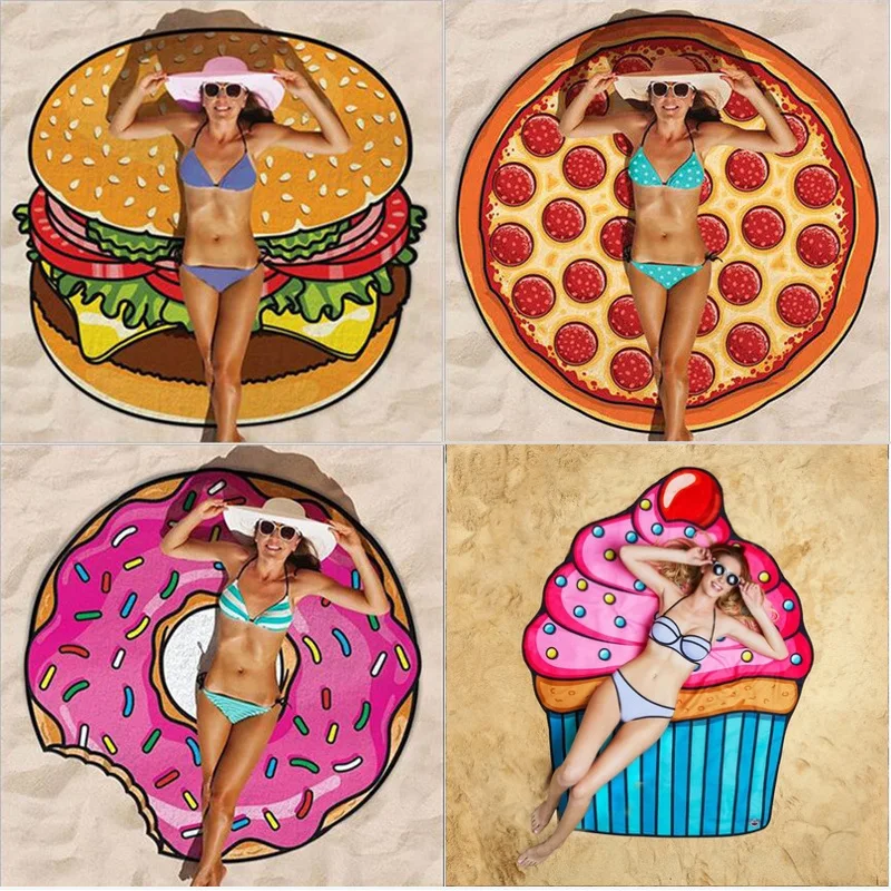 

Round beach mat European and American microfiber Donut camping mat Travel Comfortable soft Pizza burger beach blanket 150*150cm