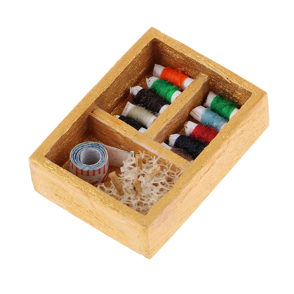 Sewing Supply Box with Threaded Spools Miniature Dollhouse Toy Figure Accessory