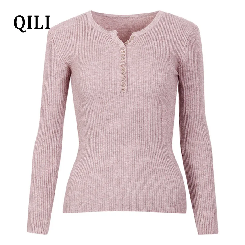 QILI Autumn Winter Women Fashion Knitted Sweater New Arrival Long Sleeve V-Neck Button Solid Pullover Sweater Tops Female QILI Autumn Winter Women Fashion Knitted Sweater New Arrival Long Sleeve V-Neck Button Solid Pullover Sweater Tops Female