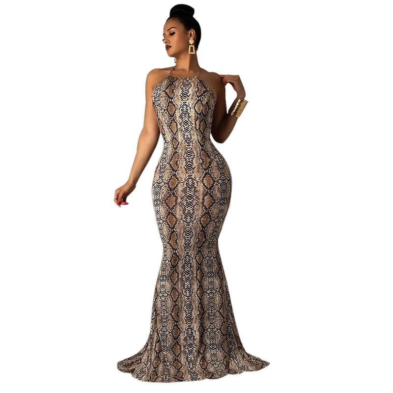 

2019 Sexy Women Long Maxi Dress Spaghetti Strap Backless Long Dress Halter Strings Back Maxi Dress Pattern Snakeskin Long Dress