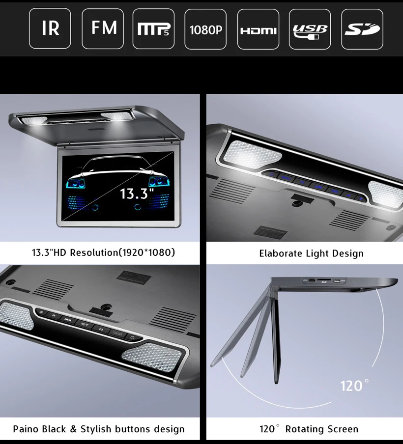 13,3 дюймов HD медиаплеер монитор на крыше с USB SD HDMI IR FM передатчик MP5 плеер