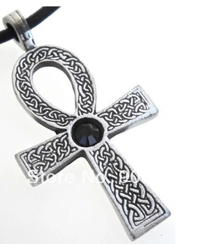 

30pcs a lot antique silver color religious ankh cross with black crystal pendant necklace jewelry