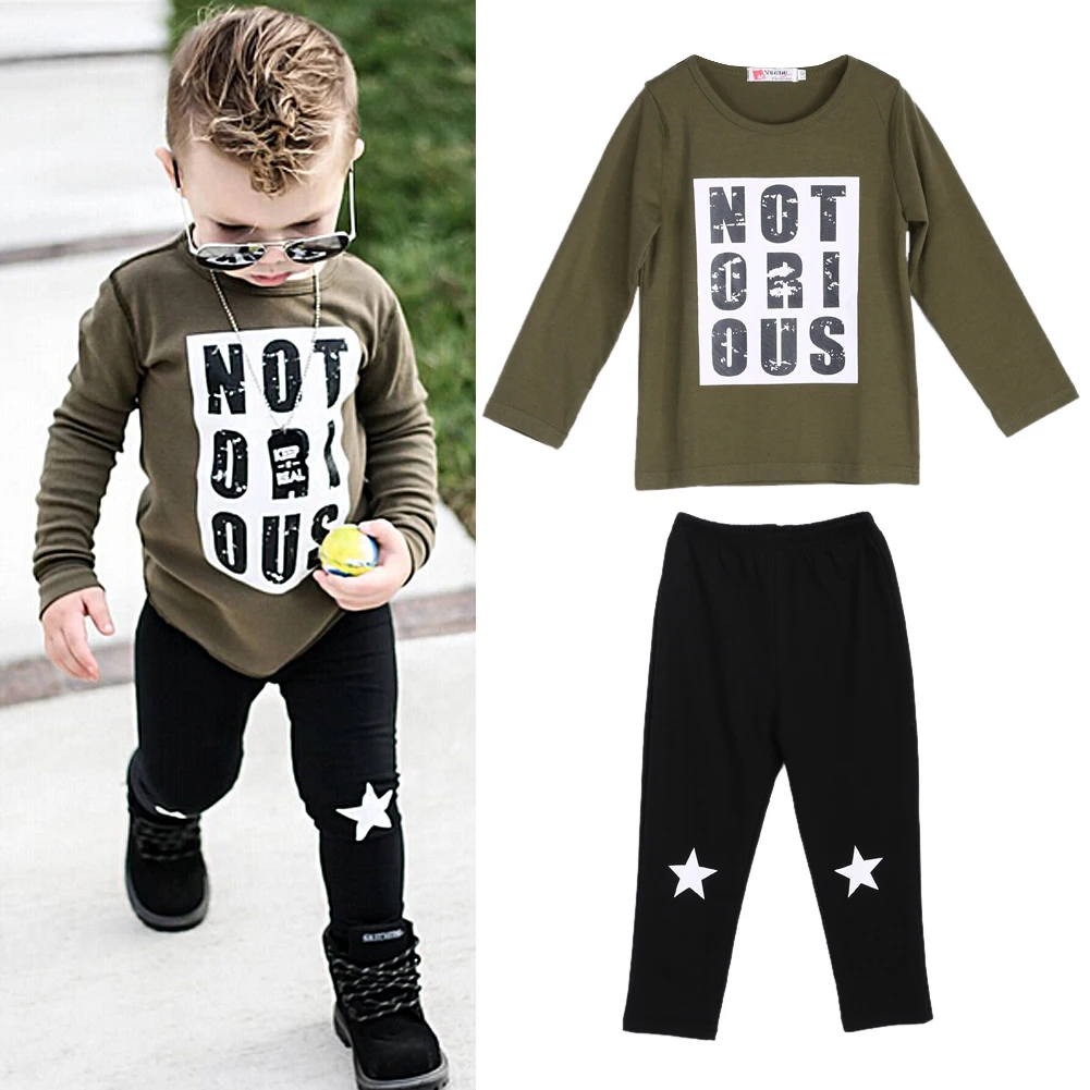 2Pcs Fashion Kids Baby Boy Brown T shirt Tops with Black Long Pants