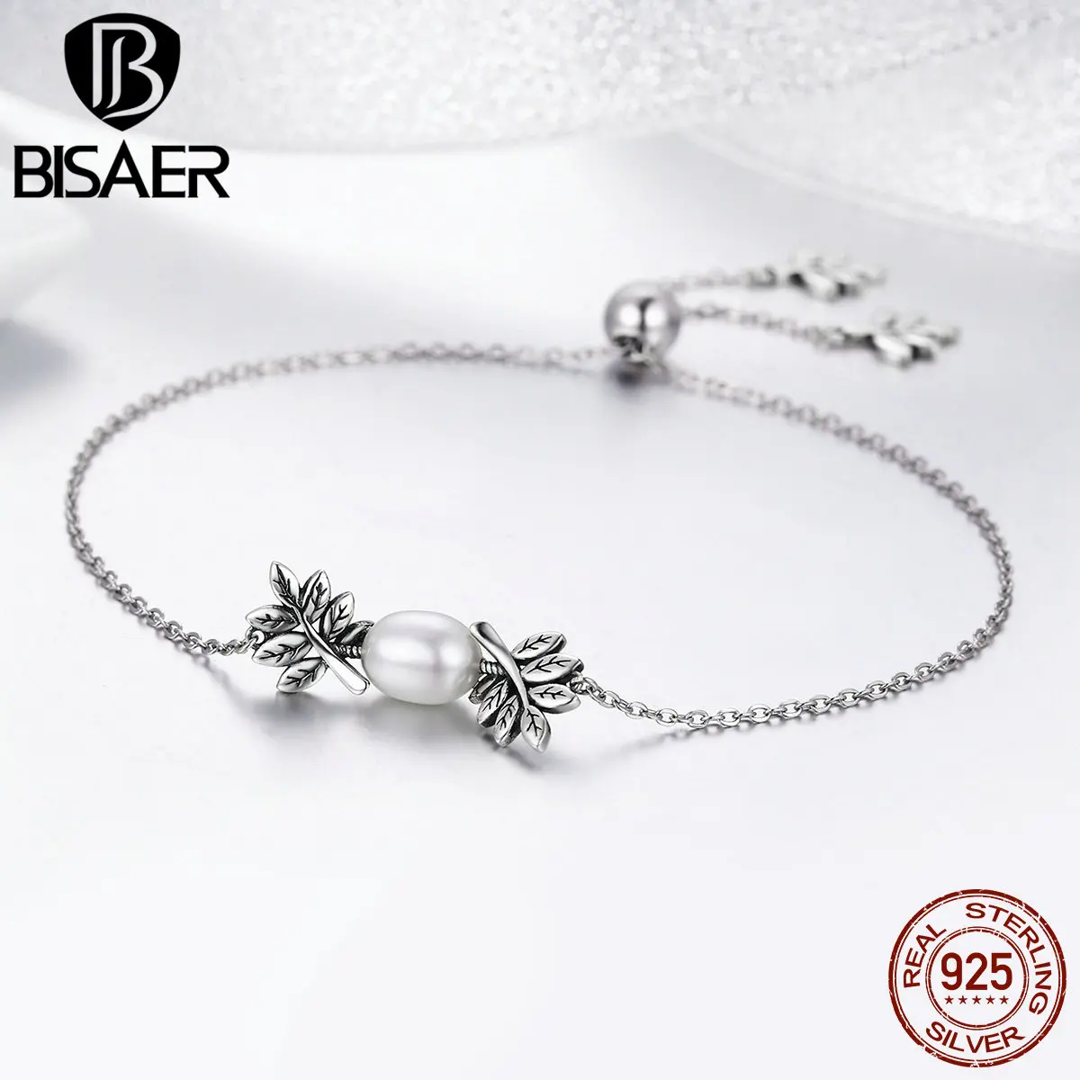 

BISAER Bracelet 925 Sterling Silver Vintage Leaves Natural Pearls Chain Link Bracelet for Women Gift Luxury Fine Jewelry GXB071