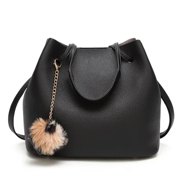 

Fashion Women Large Capacity Leather Pures and Handbags Female Ladies Fur Ball Tassel Composite Shoulder Bucket Bags sac a main