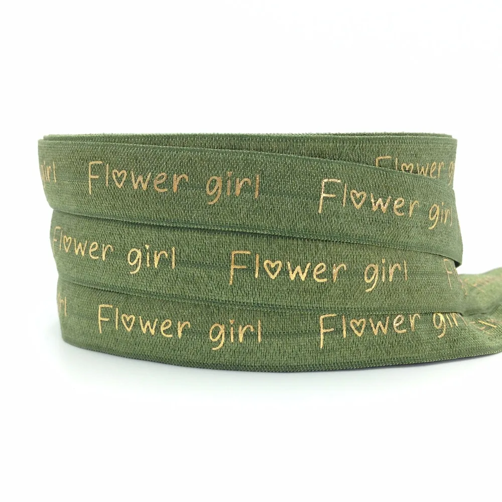 

10Yard Gold Foil Flower Girl Print Fold Over Elastic 5/8" Dark Green FOE Ribbon Webbing for DIY Headwear Hair Tie Hair Accessory