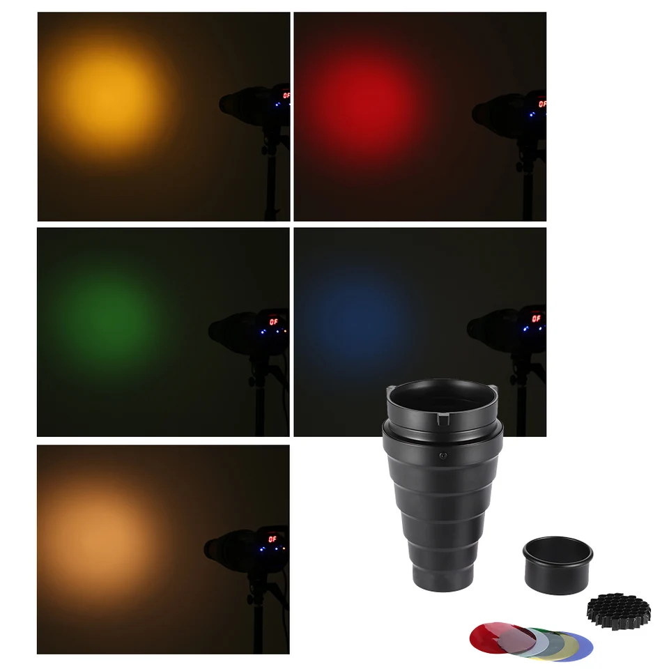 Kit Snoot Conico Per Flash Bowens - Con Griglia A Nido D'Ape E 5 Filtri Colore Per Studio Fotografico - Foto 4