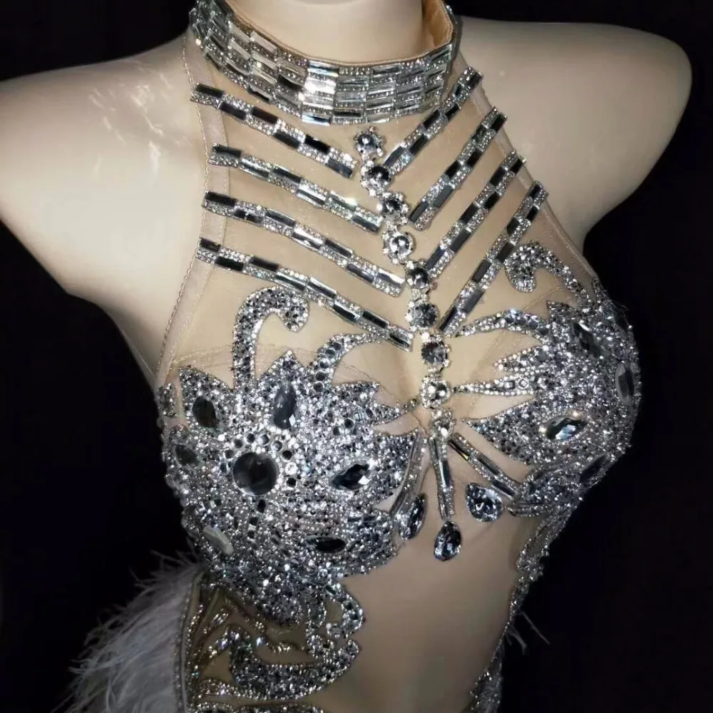 Серебряные Кристаллы Боди Певица сверкающий сексуальный женский костюм тонкий сценический комбинезон для ночного клуба DJ День рождения наряд для сцены