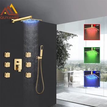 

Quyanre Golden LED Shower Faucets Set Wall Mount LED Bath Shower 3 Function Mixer Valve Tap 6pcs Massage SPA Jets Gold Shower