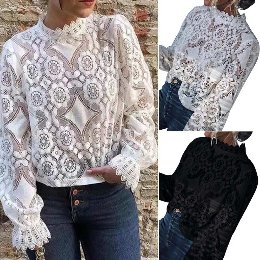 

Elastic Cuff Slim Women Blouse Hollowed Lace Stylish Long Sleeve Sexy Travel Dating Stand Collar Daily Soft Autumn Summer