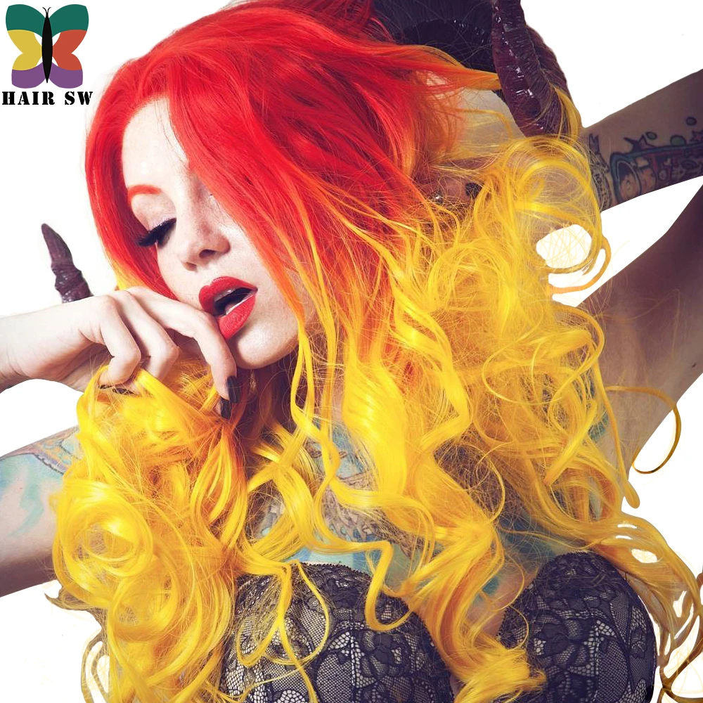 PELO SW 24 "largo ondulado de color rojo mezclado orange llama ombre del frente del cordón peluca de pelo sintético cosplay dragón reina peluca las mujeres atractivas| | -