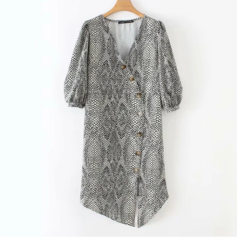 Women's Clothing Dress 2019 Lantern Sleeve Snake Print V-Neck Dress Ms Summer Street Sexy Leisure Temperament Clothing