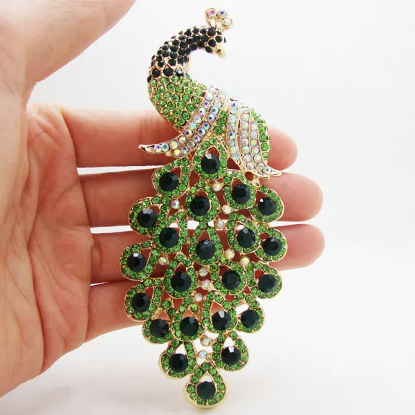 

Retro Peacock Bird Gold Tone Woman Brooch Pin Pendant Green Rhinestone Crystal