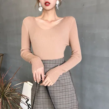 

Sexy V-neck Pullovers Shirt Women Sweater Thin Knit Cashmere Clothes Long Sleeve Bottoming Shirt Female Base Sweater Simple Tops