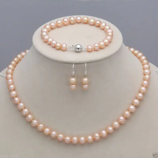

Women Gift word Love real realGenuine 7-8mm Peach Freshwater Cultured Pearl Necklace Bracelet Earrings A Set (A0423)