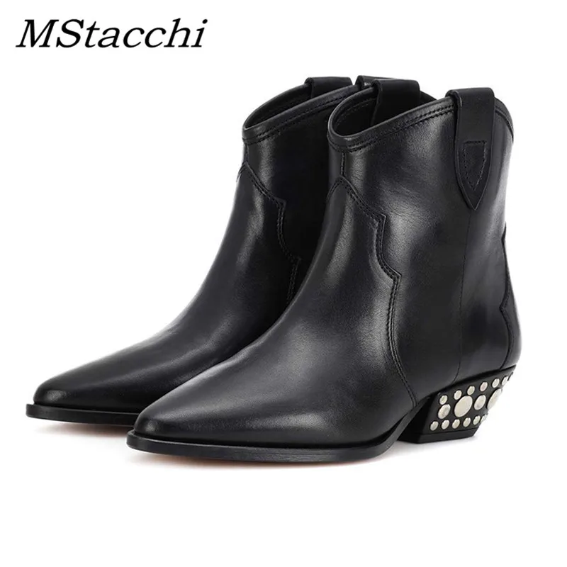 

MStacchi Style Boots Women Metal Rivets Studded Genuine Leather Ankle Boots Round Toe Retro Pointed Toe Middle Heel Botas Mujer