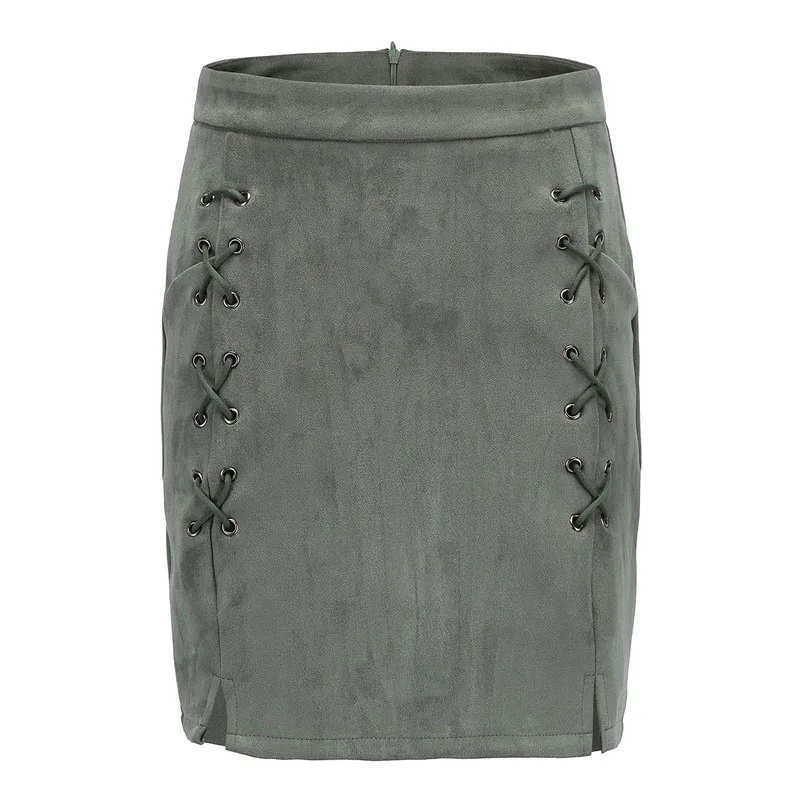 

Fall and Winter 2019 Suede PU Chamois leather Women's Short Skirt Sexy，Fashion Vintage High Waist cross strap zipper Mini Skirt