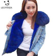 Высокое качество, модное женское джинсовое пальто, джинсовая куртка, натуральный мех кролика, толстая подкладка, Воротник из меха енота, куртка-бомбер, сохраняющая тепло
