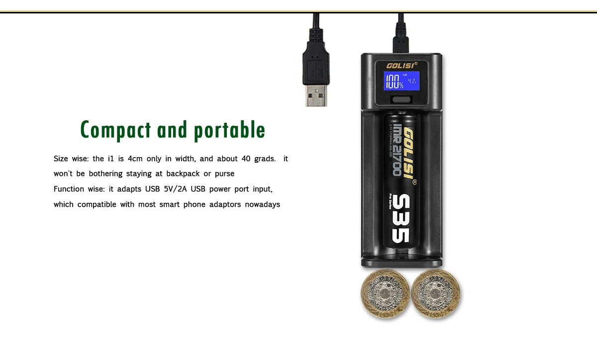 Golisi I1 LCD Display USB Port Lite Battery Charger for Li-ion/Ni-mh/Ni-cd Battery Single Slot