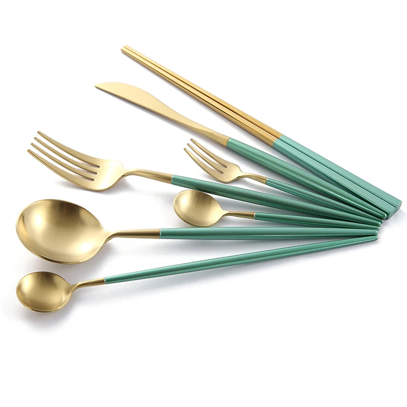 

1lot/1piece Korean Golden Dinnerware Set Stainless Steel Knife Fork Set Tableware Metal Green Western Food Restaurant Cutleries