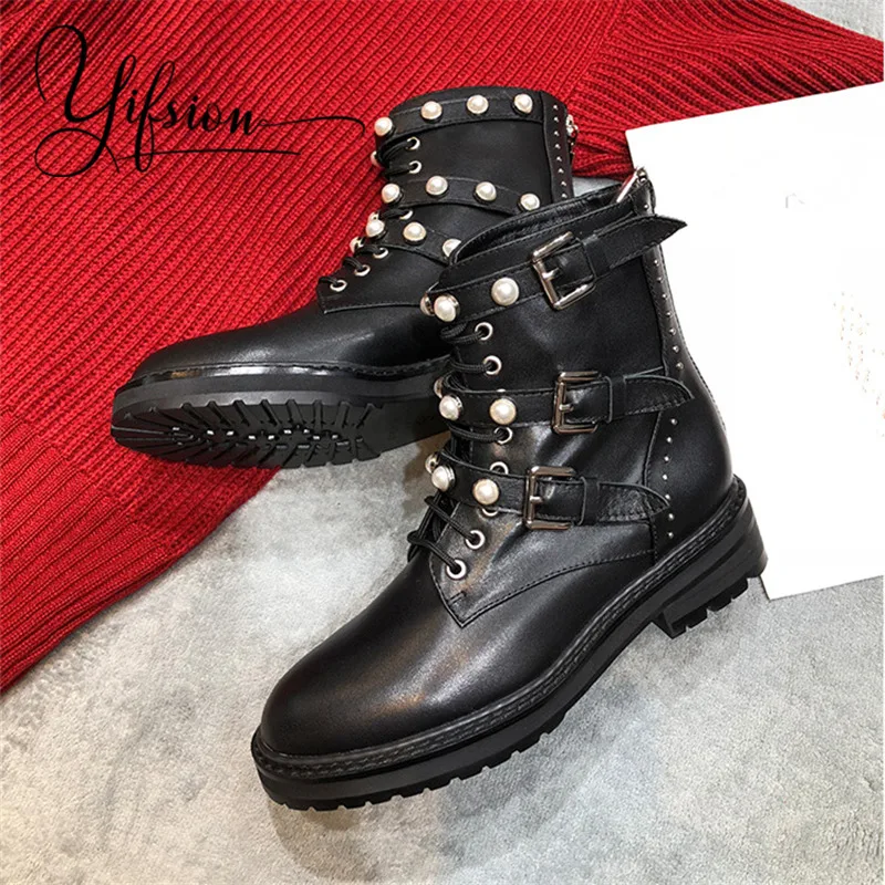 

OLOME New Black Genuine Leather Women Ankle Boots Round Toe Pearls Lace Up Thick Low Heel Women Autumn Winter Boot Shoes Woman