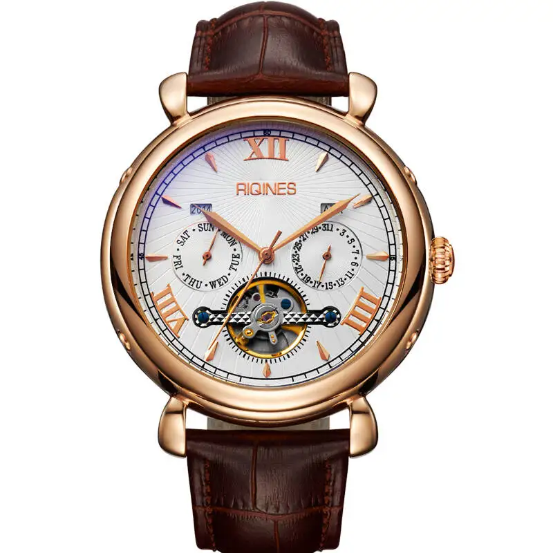 

RIQINES skeleton automatic mechanical watch men's leather waterproof leisure business watches high-grade male Tourbillon watch