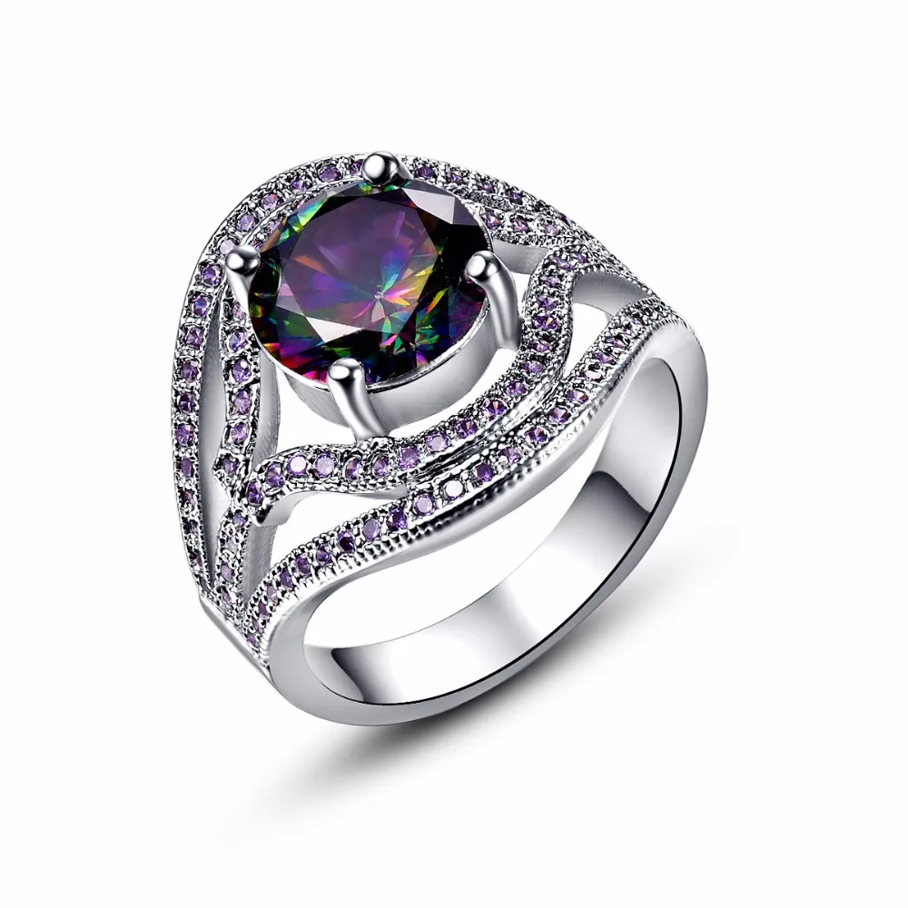 Top Quality Round Cut Rainbow CZ & Purple Crystal Rings Sets CZ Stone
