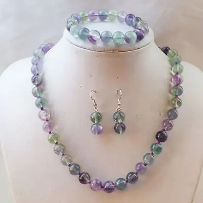

10mm Multicolor Fluorite Beads Necklace Bracelets Earrings Set>>18K gold plated watch wholesale Quartz stone CZ crystal