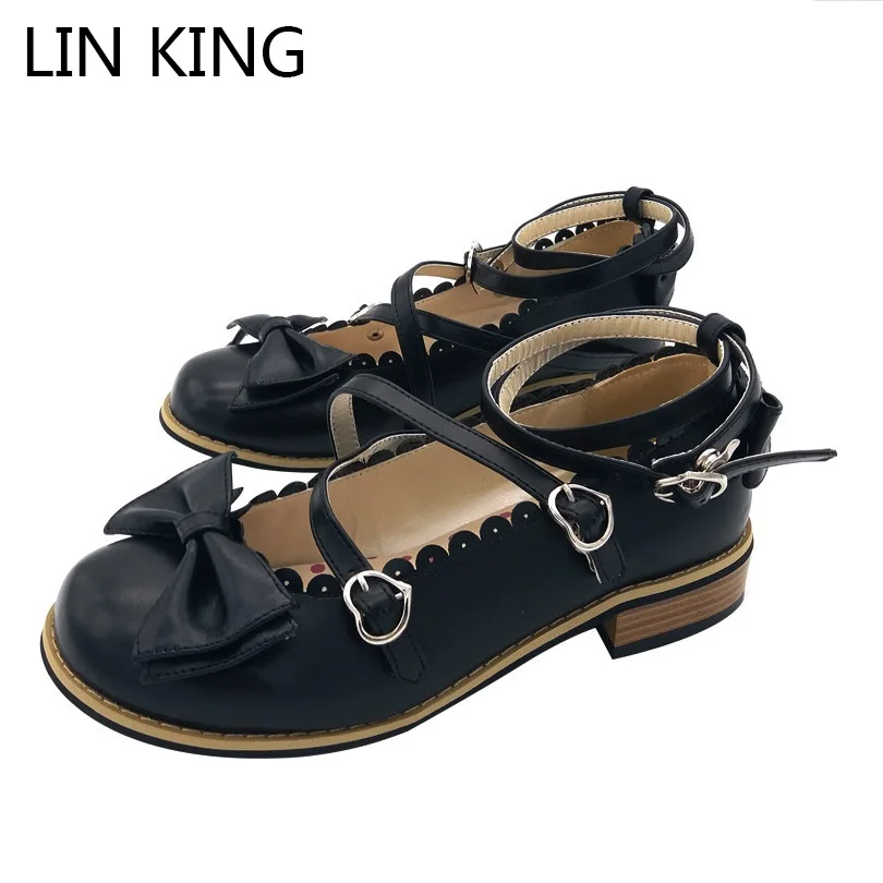 

LIN ING Round Toe Lolita Pumps Japanese Ankle Strap Low Chunky Heels Leather Round Toe Shoes Sweet Bowtie Princess Party Shoes