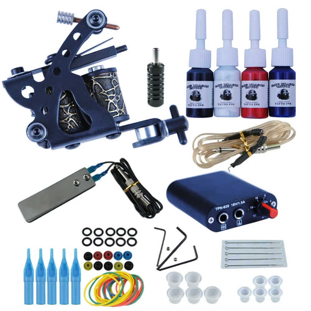 

Starter Tattoo Kit 8 Wrap Coils Tattoo Gun Machines 4Pcs/Set Ink Grips Needles Tips Power Supply Beginner Tatu Tattoo Supplies