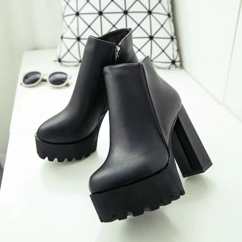 LZJ/модные черные женские ботильоны на толстом каблуке; Новинка года; Осенняя обувь из флока на платформе; черные женские ботинки на высоком каблуке на молнии