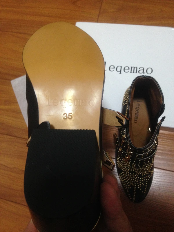 Hot Sale New Fashion Cool Women Sexy Rivets Buckle Ankle Boots High Quality Genuine Leather Med Square Heels Shoes Size 35-42