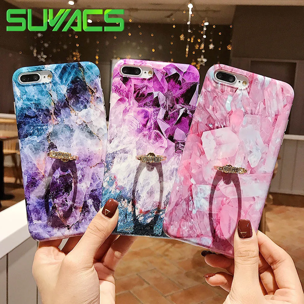 

SUYACS Luxury Colorful Marble Case For iPhone XS Max XR 6 6S 7 8 Plus Finger Ring Kickstand Holder Soft IMD Phone Back Cover