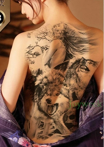 Étanche tatouage temporaire autocollant loup et fille tout le dos de