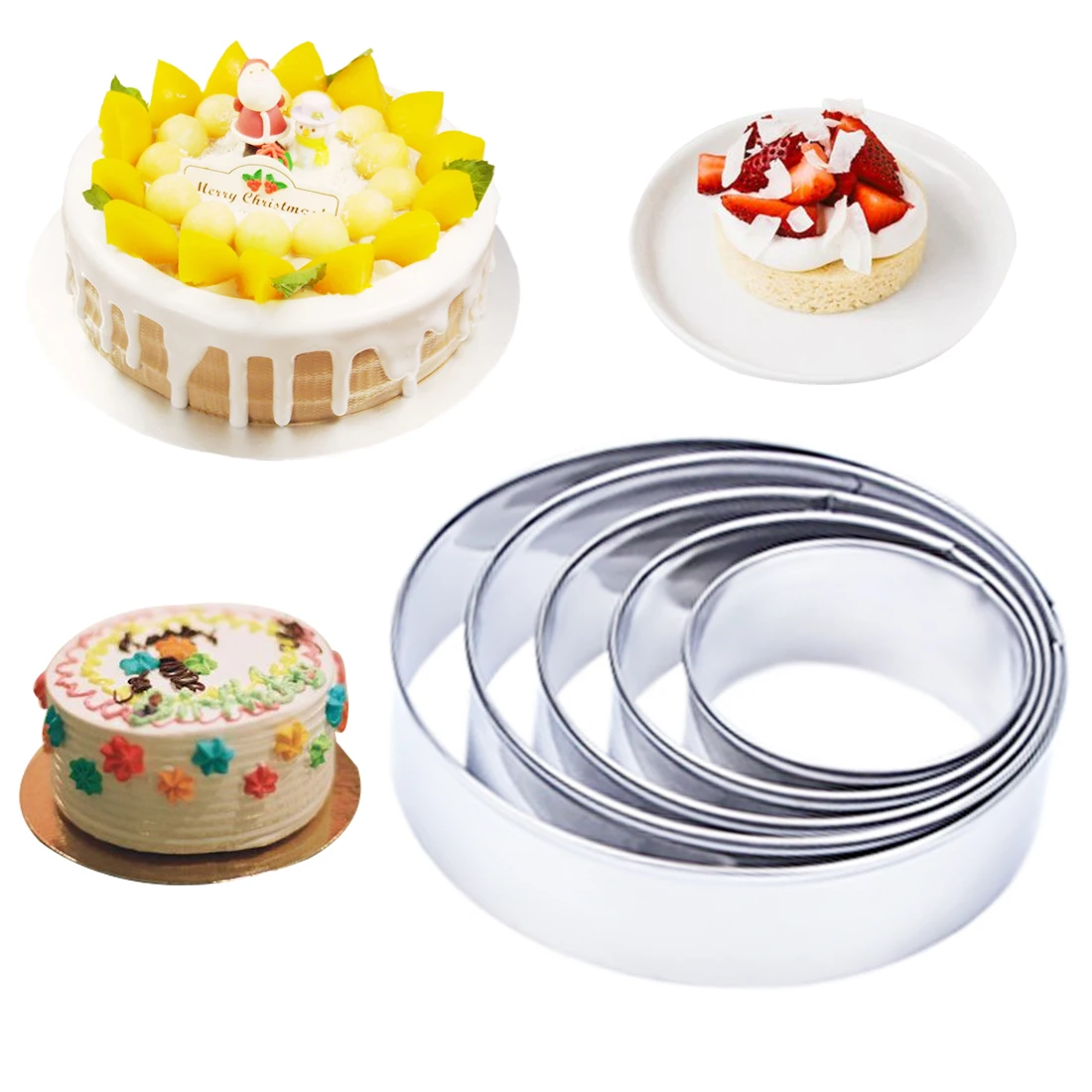 

Cookie Stamp 5pcs/set Round Circle Shape Stainless Steel Mousse Cake Mold 3D Cookie Cutter Fondant Cake Kitchen Baking Tools