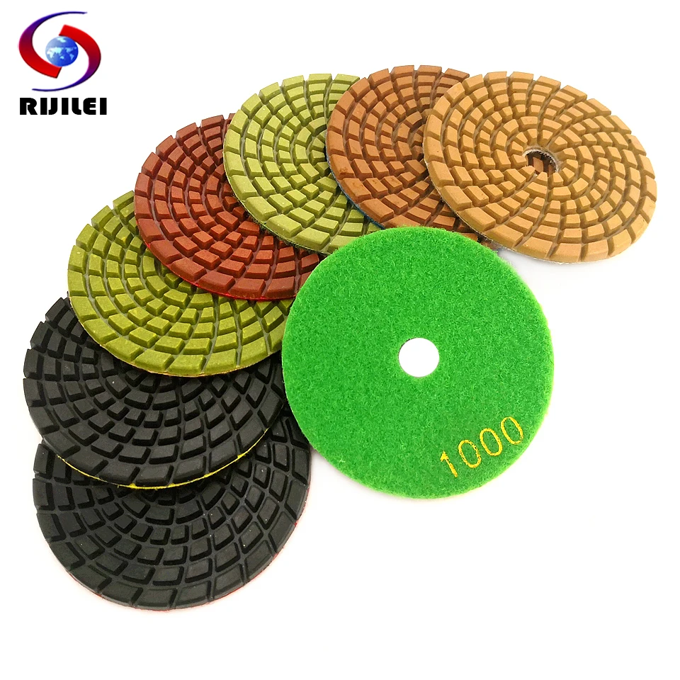 RIJILEI 7PCS 4inch diamond polishing pads thick 4mm Wet Diamond concrete floor polishing pad for marble stone Grinding Discs 10 pcs set triangle diamond polishing pad for concrete floor special shaped wet sanding pad for grainte marble stone