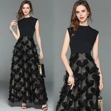 New women fashion dress long black lace dress Slim gilded feather dress temperament tassel dress original 2 pieces set dress 2017 new autumn slim fashion temperament black lace dresses women