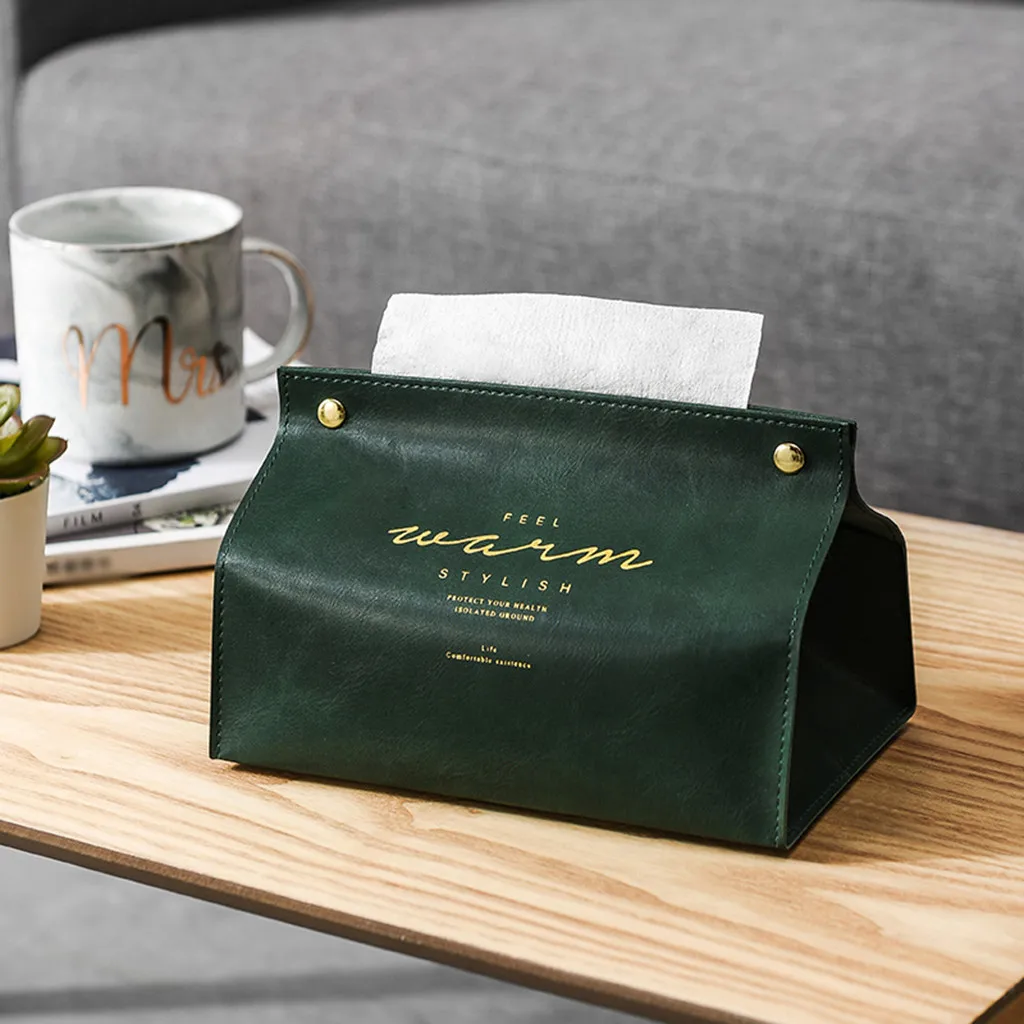 

New Leather Facial Tissue Box Cover Rectangular Napkin Holder Desktop Storage Snap Closure Drop ship#10