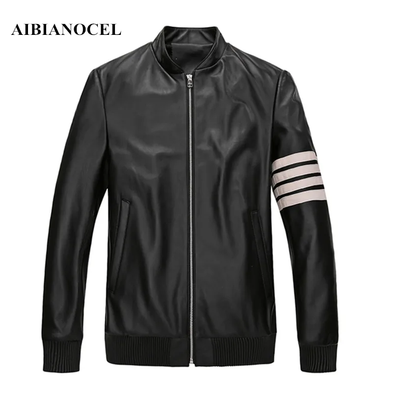 AIBIANOCEL Brand Genuine Leather Jacket Men Real Black Sheepskin Mens Leather Bomber Jackets Fashion Leather Pilot Jacket D1609