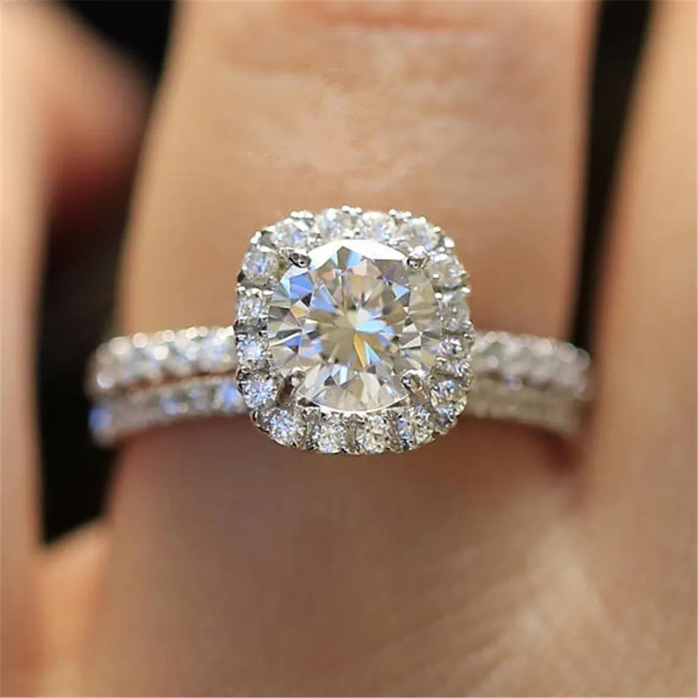 Trendy Ring Set Round 5A Zircon Crystal 925 Sterling Silver Filled