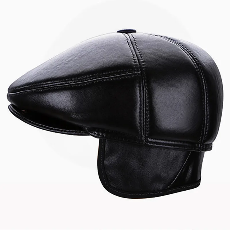 Male Genuine leather Hat Men's Sheepskin Visor Hat Men's Ear Protection