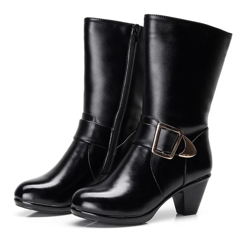 

Hot 2018 New Warm Plush Winter Boots Non-slip Thick Heel Knight Boots Snow Boots Metal Buckle Genuine Leather Shoes Women Boots