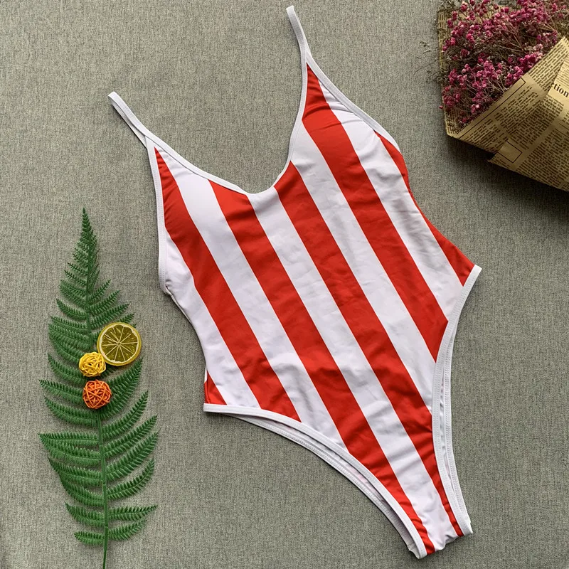 

XREOUGA 2019 Sexy Stripe Print One Piece Swimsuit Women Backless Bandage Push Up Bathing Suit New Arrival Padded Swimwear