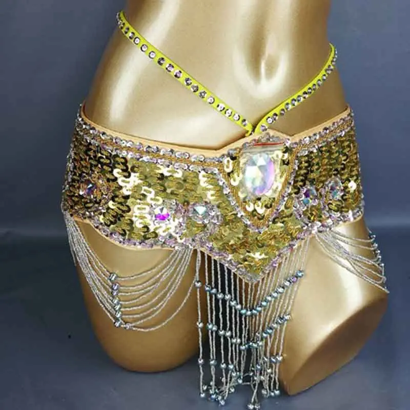 Горячая Распродажа, стиль, женский костюм для танца живота с блестками, набедренный шарф, пояс для танца живота с кисточкой, бусы, поясная цепочка - Цвет: GOLD