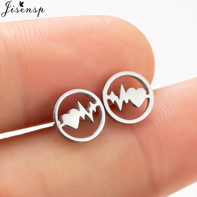 Jisensp Simple Heartbeat Stud Earrings Ecg Medical Stainless Steel