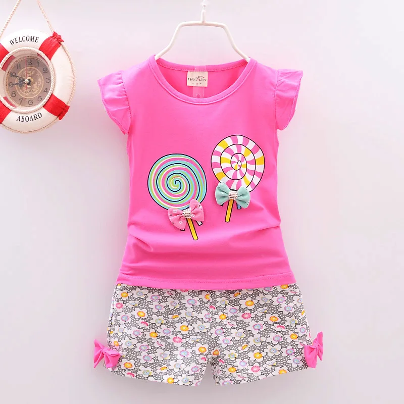 

Summer Girls Children Cotton Beautiful T- Short-Sleeved Short Pants For 1-4 Year old 2-Piece Suit For Kids Girl Wear