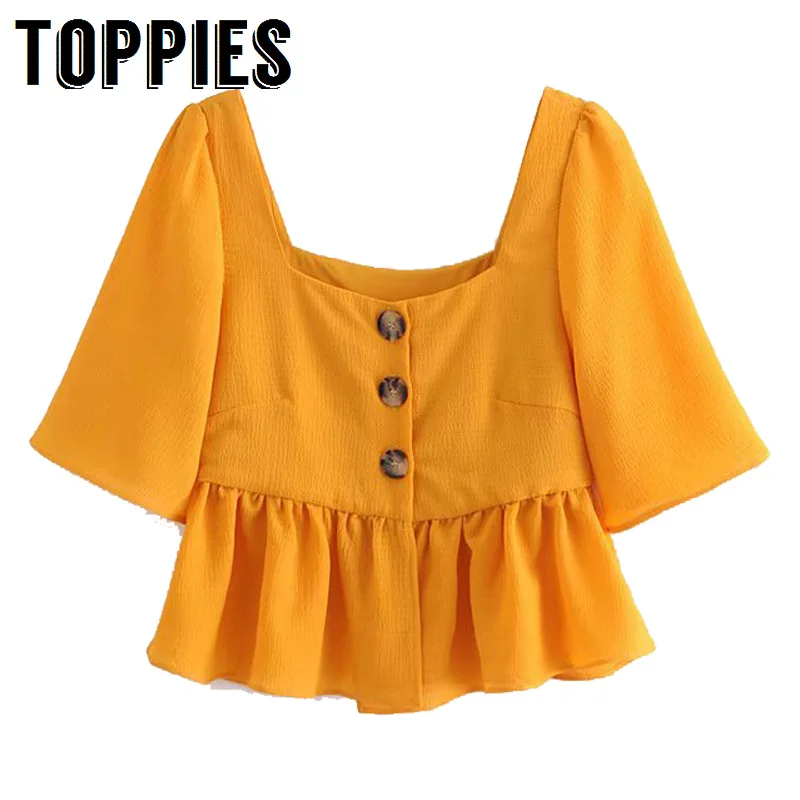 

2019 Summer Square Collar Tops Single Breasted Orange Pink Cute T-Shirt Vintage Gothic Shirt Pleated Hem