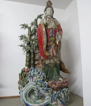 

China Pottery WuCai porcelain Bamboo Bodhisattva Kwan-Yin GuanYin Buddha Statue 8.02
