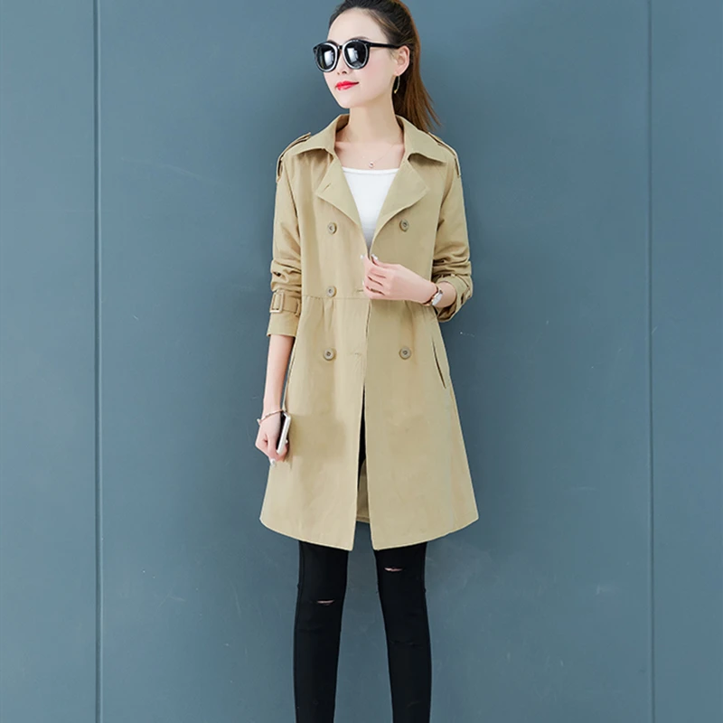 

Plus Size Woman Coats Autumn 2019 Double Breasted Mid Long Trench Coat Simple Solid Ladies Streetwear Windbreaker Casual Outwear