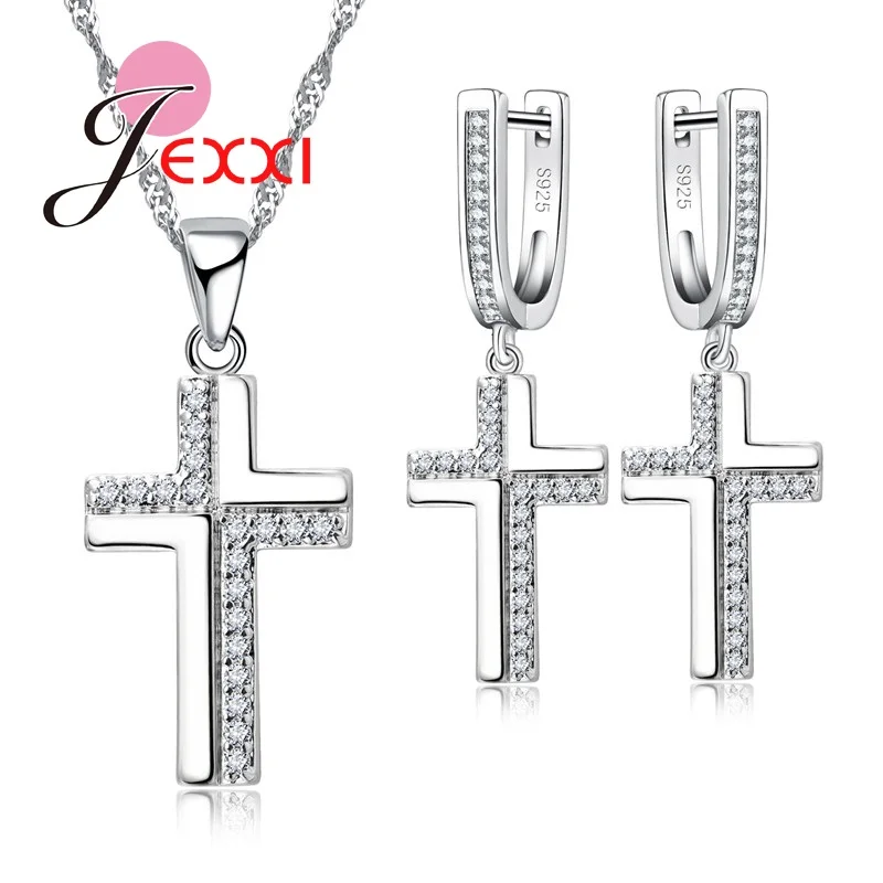 

JEXXI Cool Cross Design Best Christmas Gift For Christian 925 Sterling Silver Fashion Jewelry Necklace Earrings Wholesale